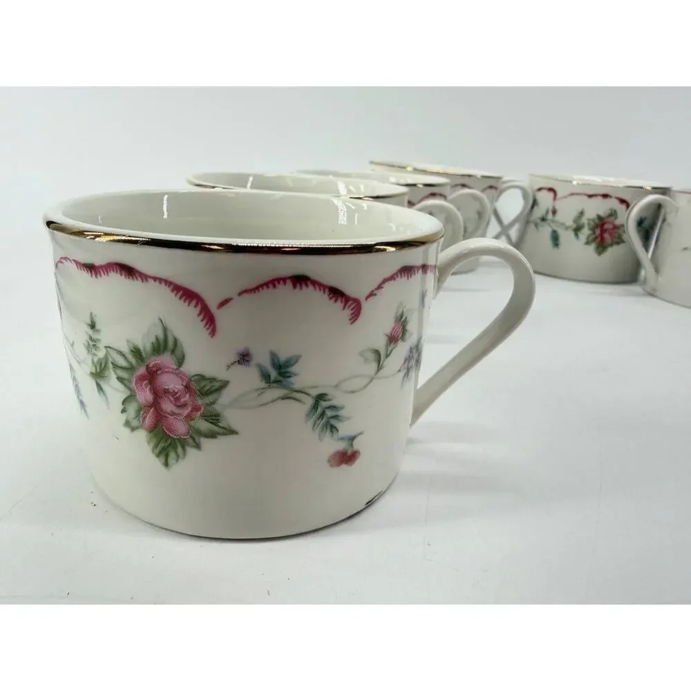 Tabletops Unlimited Floral Rose Coffee Tea Cups Gold Trim Set of 8 Made in China